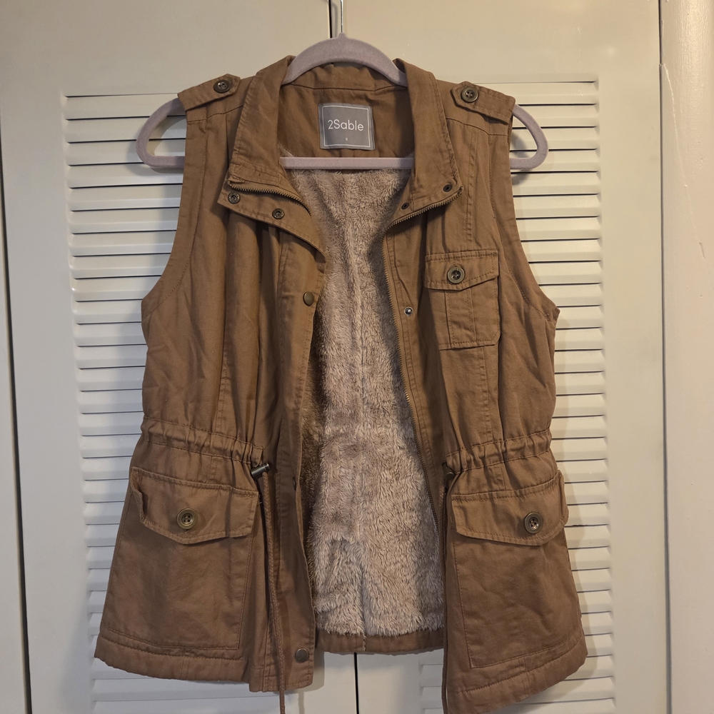 Tan Utility Vest with Drawstring Waist and Plush Lining